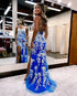 Royal Blue Tulle Lace Prom Dresses with Spaghetti Straps Cross Back Sexy Sheath Prom Party Gowns Long